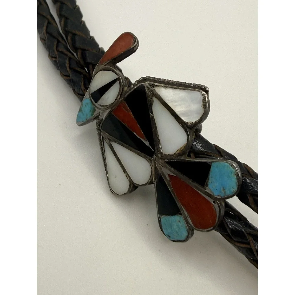 Vintage Native American Zuni Bolo Tie Thunderbird Turquoise Inlay Leather READ
